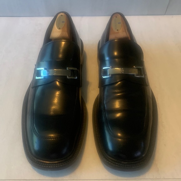 Gucci Men's Black Leather Slip On Square Toe Front Buckle Flat Loafers Size 9D